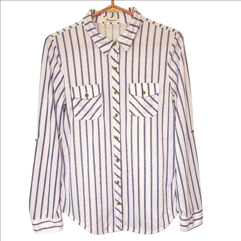 PASSPORT BUTTON DOWN SHIRT NAUTICAL STRIPED WHITE BLUE LONG SLEEVES WOMENS